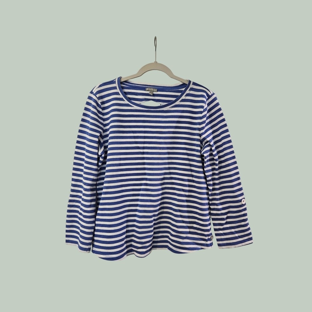 T by Talbots Blue White‎ Striped Waffle Knit Top Keyhole Back Womens Large